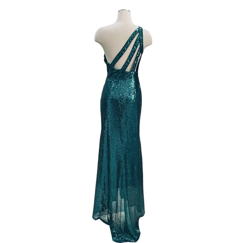 Teal Sequin One Shoulder Slit Maxi Dress Formal Gown Prom‎ Y2K Party Sexy - Picture 7 of 11